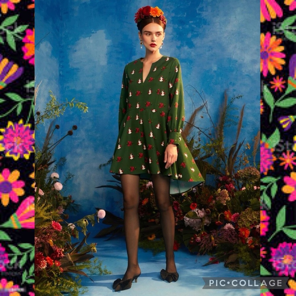 Frida Kahlo All Over Floral Print Lantern Sleeve High Low Dress